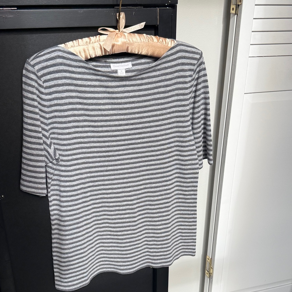 Charter Club Gray and Black Striped Short Sleeve Top